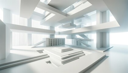 Obraz premium A vision of clean, white abstract architecture, where large open spaces intersect with delicate structures, creating an atmosphere of serenity and minimalism.