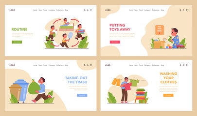 Child doing household chores web banner or landing page set. Formation