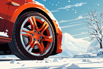Car with winter tires on snow covered road. Close-up on wheels