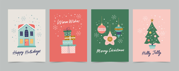 Christmas card set with decorations and calligraphy. Cute and elegant vector illustration templates in simple style
