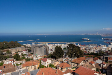 Fototapeta na wymiar Algiers, Alger, Algeria : Beautiful panorama of the bay of Algiers with the Djamaa El-Djazaïr (English : Great Mosque) in the background.
