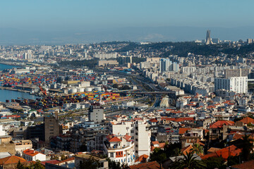 Algiers, Alger, Algeria, 10 17 2023 : Beautiful panorama of the bay of Algiers, with the Maqam Echahid monument ( English : Martyrs Monument ) and the great mosque in the background.