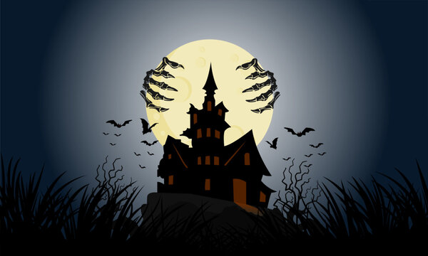 Ghost hand bones cling to the full moon, floating above a dark and terrifying castle on Halloween night. Swarms of bats fly around Dracula's castle towering over the mountains.
