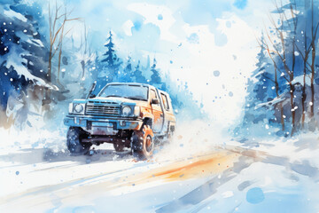 SUV car on snowy forest road on winter day. Watercolor illustration