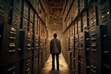 Organized Archivist think about work. Green filing cabinets. Generate Ai