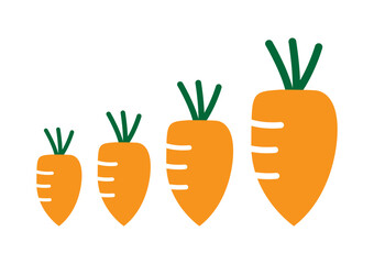 Baby carrot icons isolated on white background vector illustration. Cute cartoon food. Three healthy carrots from vegetable garden. Raw food diet vector.