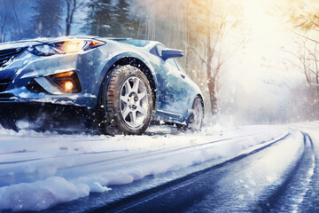 Fototapeta premium Car with winter tires on snow covered road. Watercolor illustration