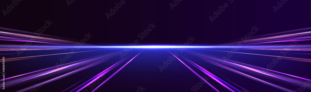 Poster Acceleration speed motion on night road. Laser beams luminous abstract sparkling isolated on a transparent background. Light and stripes moving fast over dark background. 