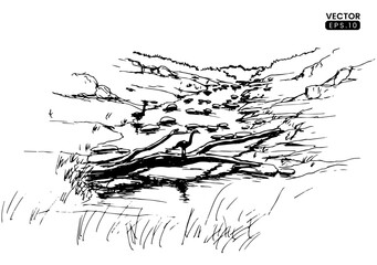 Naklejka premium Landscape sketch. Hand drawn illustration converted to vector. Black sketch on white background.Vector Format