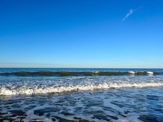 Blue sea horizon, natural blue seascape background, ocean bay, clear sky