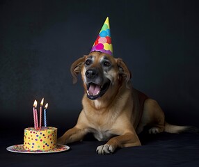 Happy Pet Dog Celebrating Birthday with Cake and Candles, Stock Photo