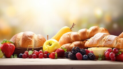 Breakfast served with coffee, orange juice, croissants, cereals and fruits. Balanced diet. - obrazy, fototapety, plakaty