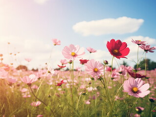 Fototapeta premium Vivid Beauty: Close-up Photography of African Daisy in a Sea of Blue Sky and White Clouds