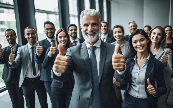 Businessman thump up standing and smile, over big group of businesspeople background