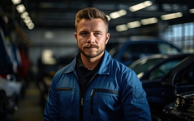 Obraz premium man examining car engine. Auto mechanic working in garage.Car Mechanic Detailed Vehicle Inspection. Auto Service Center Theme