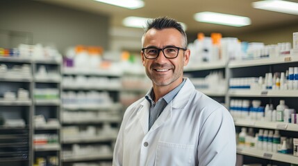 Handsome young male caucasian druggist pharmacist in white medical coat smiling and looking at camera in pharmacy drugstore