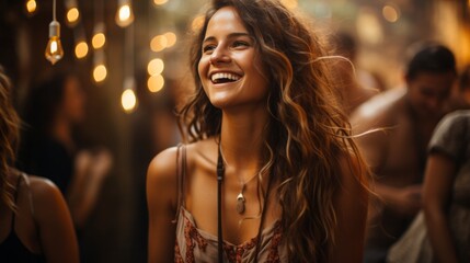 A vibrant lady exudes confidence as she strolls down the bustling street, her flowing hair framing a beaming smile while her fashionable clothing adds to her alluring persona - obrazy, fototapety, plakaty