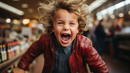 A young toddler, dressed in bright clothing, gazes up at the ceiling of a bustling store with a toothy grin, capturing the innocence and joy of childhood in one open-mouthed smile - obrazy, fototapety, plakaty