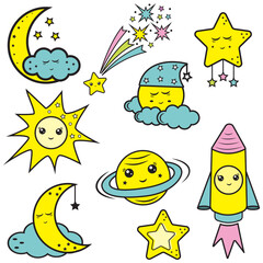 A set of kawaii space vectors - comet, planet, moon, sun, rocket, star, cloud. Vector illustration in cartoon style
