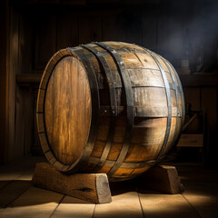 Old oak whiskey barrel. It's in a dark basement. Beautiful background.