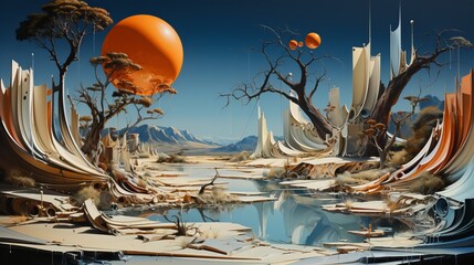 A vibrant sky sets the stage for an outdoor painting, where a large orange ball takes center stage and brings a burst of energy to the serene landscape - obrazy, fototapety, plakaty
