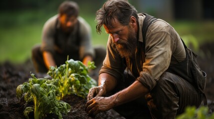 A rugged farmworker, dressed in earth-toned clothing, tenderly tends to a vibrant vegetable plant...