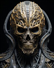 Fototapeta premium A bronze masque adorns the skull, its intricate design a bold statement against the draping clothing of the figure, embodying the essence of macabre art