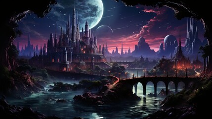 Under the glow of the moon, castle stood tall and proud, its towers reaching towards the sky as a bridge stretched over the tranquil waters below, a beautiful fusion of marvel and natural serenity - obrazy, fototapety, plakaty