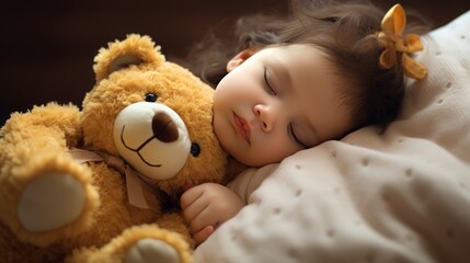 cute baby lying next to her teddy sleeping