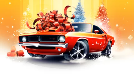 Foto auf Acrylglas Cartoon-Autos 3d Rendered Showroom Festive Christmas Car And Gift Box Display Background