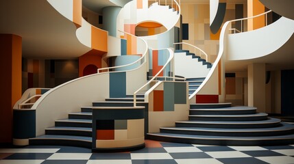 A vibrant ascent through a maze of hues, the stairs leading to a kaleidoscopic realm of handrails,...