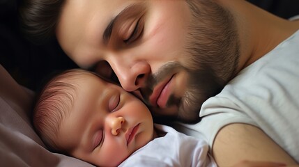 cute baby lies next to his father and sleeps, 16:9