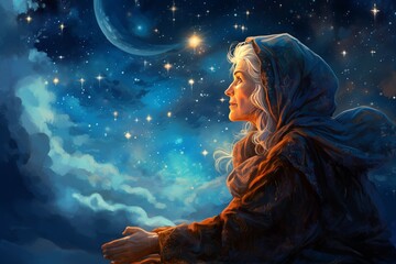 Vast Astronomer starry sky night old woman. Star science. Generate Ai