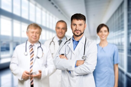 Leadership, medical teamwork doctors in hospital, AI generated image