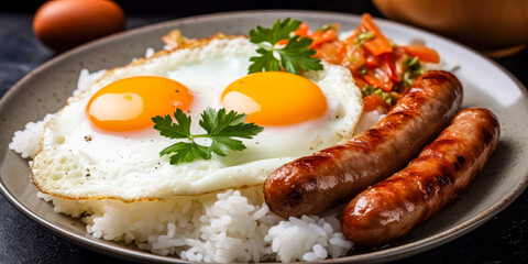 Cuban-style rice, with fried eggs, sausages and tomato. Generative AI.