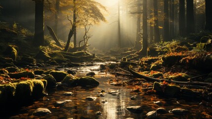 A serene autumn landscape, enveloped in misty veil, where trees and rocks mingle in embrace of a meandering river, amidst the rustling of deciduous foliage and the tranquil melody of flowing water
