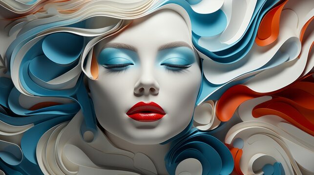 A vibrant painting of a fashionable cartoon woman, with her eyes closed in blissful surrender to the art that surrounds her