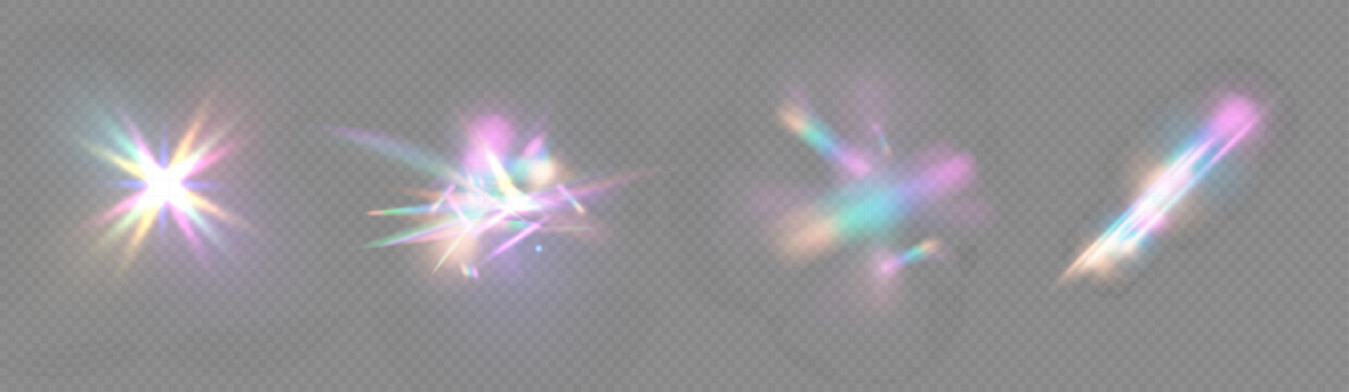 Crystal rays of light, prism refraction, lens flare, crystal glass reflection effect. Prism vector, realistic light leak effect with spectral flare. Bright light banner, poster, template.