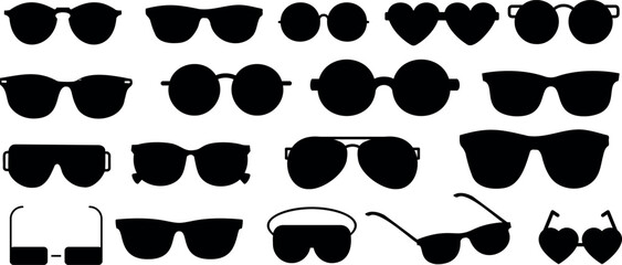 glasses , sunglasses silhouette vector illustration, black collection. Showcasing diverse styles, shapes perfect for summer, fashion, accessories designs.Ideal for unisex, men, women, children eyewear