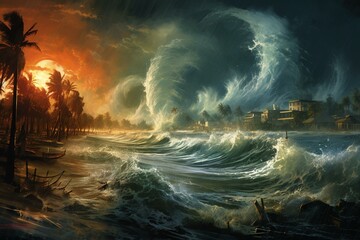 Illustration: hurricane, lightning, ocean, cataclysmic event, global warming, mega-tsunami, coastal city. Generative AI