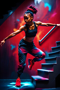 very cute black female model in sport outfit strobe effect dynamic pose as break-dancer gen ai