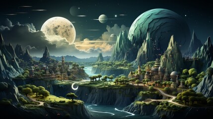 A mesmerizing lunar landscape, where the river runs through a world of natural wonders and buildings stand tall under the glow of the moon