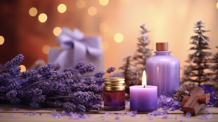 Obraz na płótnie Canvas Lavender Spa Christmas: Wooden Background with Oil, Decoration, and Aromatherapy Products for Relaxation and Wellness.