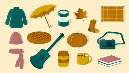 vector, illustration, set, pack, collection, fall, autumn, sweater, hot chocolate, pumpkin, leaf, umbrella