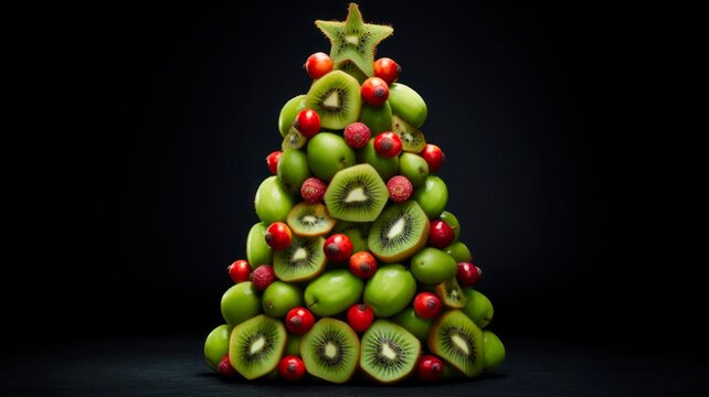 Kiwi Christmas Tree: Fresh Fruit Spread on Black with Mixed Apples, Oranges, Pineapples and Grapes for a Healthy Festive Snack