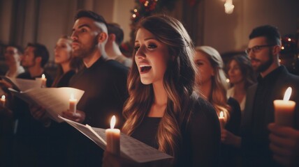 Midnight Winter Worship: Holy Choir Singing Hymns by Candlelight in New Christmas Church Service - obrazy, fototapety, plakaty