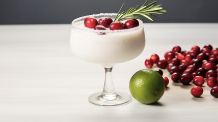 Minimalistic Coconut Margarita with Cranberries and Rosemary on White Background