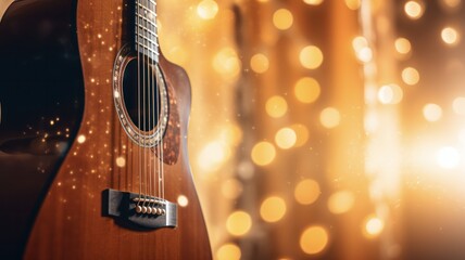Musical Festivities: Festive Acoustic Guitar Lights up Abstract Christmas and New Year's Background - obrazy, fototapety, plakaty