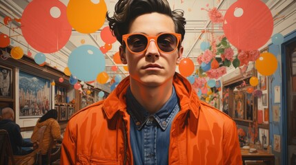 An effortlessly cool man stands out on the busy street, his orange sunglasses adding a pop of color to his otherwise neutral outfit, as if he's a living painting amidst the chaos of the city - obrazy, fototapety, plakaty