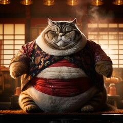 AI generated illustration of a Japanese sumo cat - obrazy, fototapety, plakaty